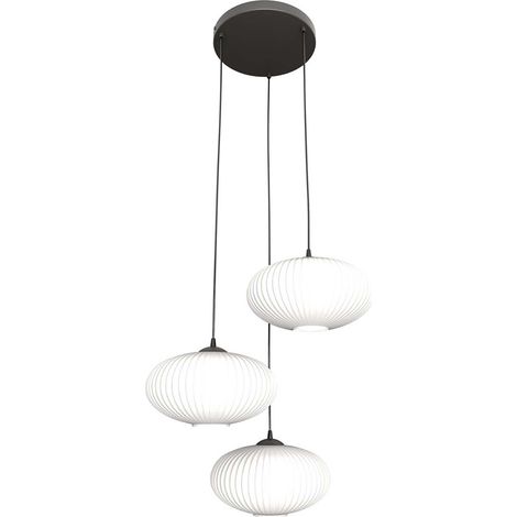 Lampadario 3 Luci Coco Base Tonda In Acciaio Nero Paralume Plissettato Bianco (1/5)