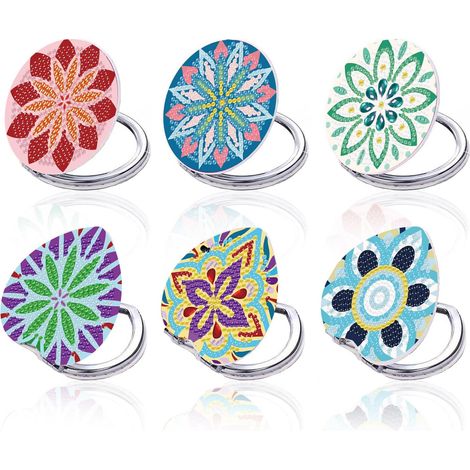 Lot de 6 miroirs compacts pour peinture diamant par numéro, motif mandala, fleur, miroir de poche, miroir de maquillage portable, miroir grossissant et pliable pour femme (1/5)