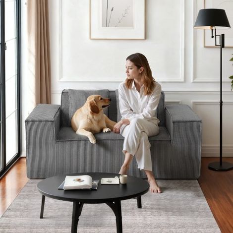 Petit Canapé 2 Places, Causeuse de Salon de 160 cm, en Velours Côtelé, avec Ressorts Ensachés, Coussins Moelleux et Siège Confortable, Meuble pour Chambre Maison, Bureau ou Appartement, Gris (1/3)