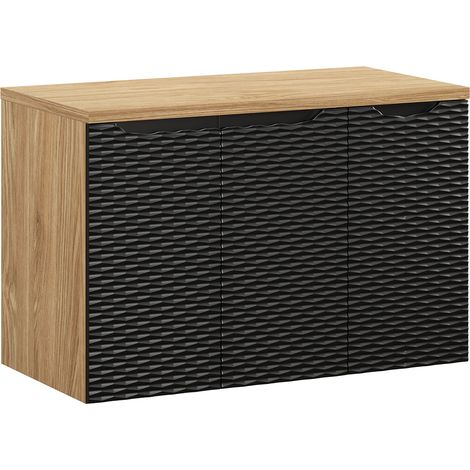Waschtischunterschrank 90cm in Eiche mit schwarz, OLUO-56-BLACK, Front mit 3D-Struktur in Wellenoptik (1/5)
