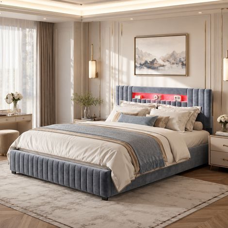 Lit 160x200 avec éclairage led, cadre de lit avec sommier à lattes, lit avec rangement hydraulique, pour adultes et ados,gris velours rembourré (1/5)