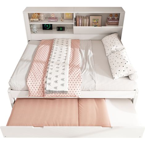 Divano letto con letto estraibile 140x190 cm, vano contenitore posteriore, stazione di ricarica USB/USB-C e struttura bianca in legno - CHICFURN (1/5)