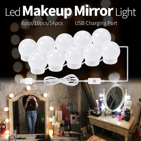 LED-Schminkspiegelbeleuchtungsset mit 14 dimmbaren Lampen für den Schminktisch im Ankleidezimmer, inklusive LED-Streifen, einziehbarem Kabel und USB-Netzteil (weiß). (1/5)