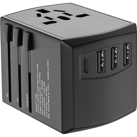 (Noir) Adaptateur de voyage universel, compatible avec les normes de l'UE, du Royaume-Uni, des États-Unis, de l'Australie, de l'Afrique du Sud et de l'Inde. (1/5)