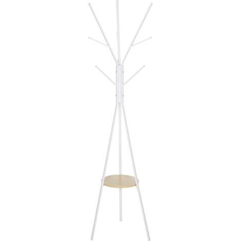 Porte-manteau trépied design contemporain branches étagère + 9 patères dim. 45L x 45l x 180H cm métal blanc (1/5)