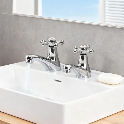 Lot de 2 robinets de lavabo de salle de bain - Pour eau chaude et froide - Avec levier en croix - Pour salle de bain et cuisine (1/5)