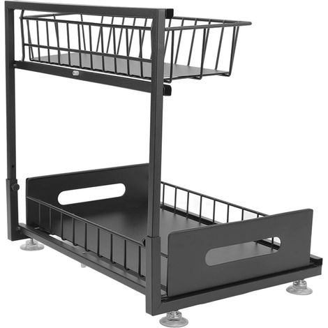 Organisateur de rangement sous évier avec panier coulissant à 2 niveaux, noir, pour salle de bain et cuisine. (1/5)