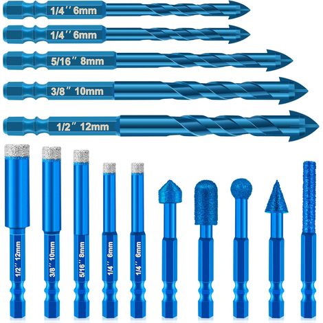 Fliesenbohrer Diamantbohrer Set,5 Stück Diamantbohrer Glasbohrer 6/6/8/10/12mm, 5 Stück 6/6/8/10/12mm Fliesenbohrer Set und 5 PCS Hartmetallfräser für Granit,Glas,Fliesen,Marmor (1/5)