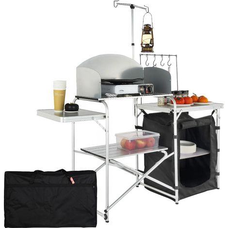 Cuisine de Camping 146x46x168 cm Armoire de Camping Pliable Structure en Alu Grand Comptoir Meuble de Cuisine avec Pare-Brise 2 Compartiments avec Sac de Transport pour BBQ Pique-Nique Jardin (1/5)