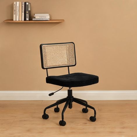 Chaise de bureau vintage en rotin et tissu chenille noire (1/5)