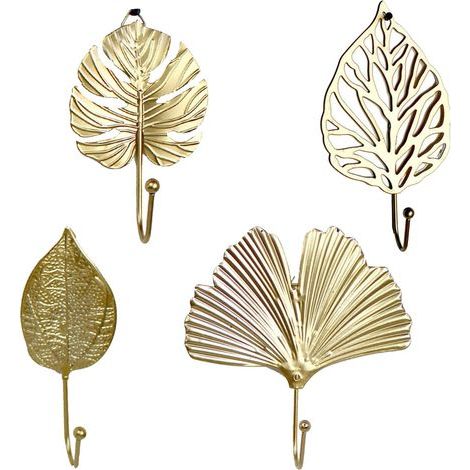 Lot de 4 mini supports muraux en métal avec style feuille pour vêtements, sac à main, écharpe, clés - Doré (1/5)