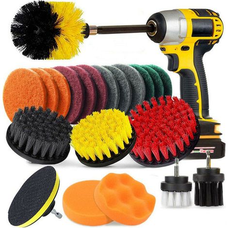 22 Pièces Brosse De Nettoyage Pour Perceuse,Attachement Brosse De Perceuse Électrique Kit Nettoyage De La Salle De Cuisine Bain Carrelage Coulis Tapis De Sol Voiture Gommage Grill Turbo (1/4)