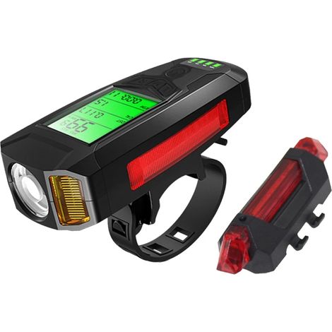 Lampe Vélo LED Avant Et Arrière - 5 Modes Éclairage - Affichage LCD - Klaxon 130 dB - Batterie Rechargeable USB 1200 mAh - IPX4 - Lot De 2 (1/5)