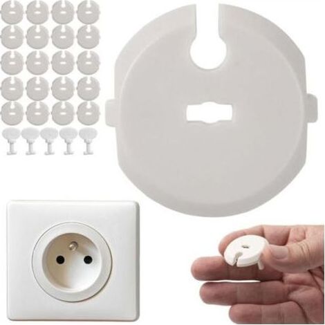20 x Caches adhésifs blancs pour prises électriques, adaptés aux prises de type E, sécurité enfant, protection contre l'insertion des doigts, cache-prise avec clés, sécurité bébé, prises électriques s (1/4)