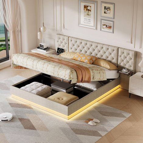 Lit Coffre 160x200cm - Lit Double 160x200cm - avec Grand Appui-tête LED, Tablettes de Chevet, USB Type-C et Sans Fil - Lin Beige (1/5)