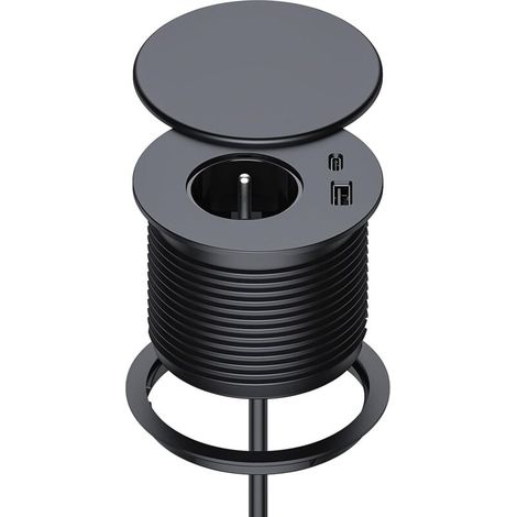 Unterputz-Steckdosenleiste mit 1 Steckdose, 1 USB-C-Anschluss, 1 USB-A-Anschluss, 75 mm Durchmesser, 1,5 m Kabel, Tischsteckdose für Küche, Büro und Möbel, Farbe: Schwarz. (1/4)