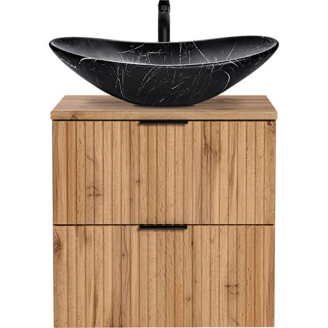 Waschtisch Set mit 60 cm Unterschrank Wotaneiche gerillt Keramik-Waschbecken schwarz marmoriert B/H/T 61,5/74,7/46,5 cm (1/5)