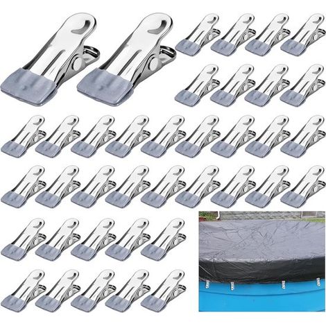 Pinces à linge multifonctionnelles en acier inoxydable (40 pièces) pour couvertures de piscine hors sol, idéales pour l'hivernage. (1/5)