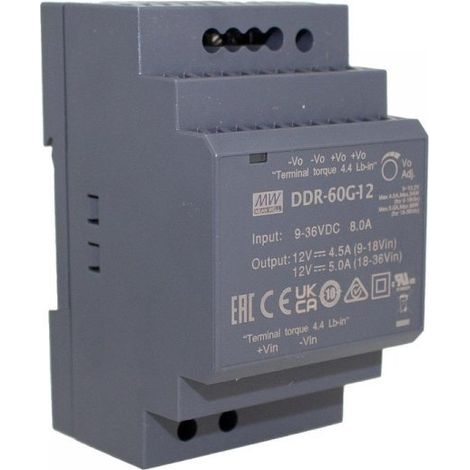 MW MEAN WELL DDR-60G-12 Convertitore tipo DC-DC per Guida DIN Input 9-36V Output 12V 5A 60W
