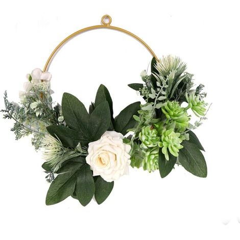 Couronne décorative avec anneaux métalliques, couronne murale ronde de 30 cm en eucalyptus, verte, idéale pour la maison, l'extérieur ou un mariage. (1/5)