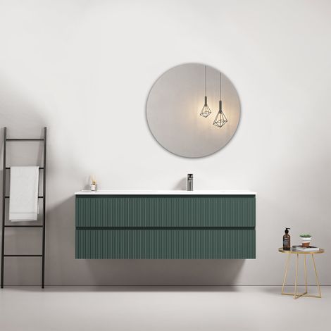 Mobile bagno sospeso cannettato 140 cm Verde Comodoro Lavabo a Destra in Resina Specchio Tondo - Fiji Paint