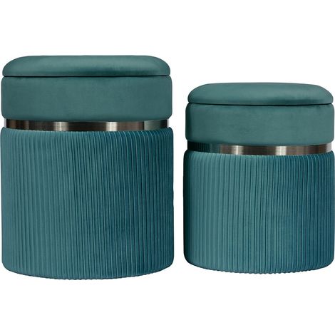 Set di 2 Pouf Contenitore Zora in Velluto Petrolio e Argento (1/3)