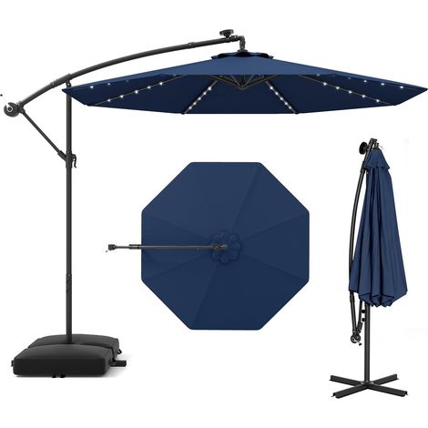 GOPLUS Parasol de Jardin avec 32 Lampes Solaires, Parasol Déporté Inclinable Ø300CM avec Pied de Support, pour Jardin/Plage, Bleu