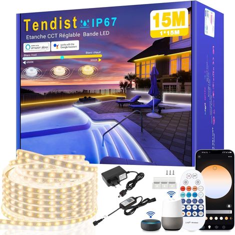 15M Ruban LED Exterieur Blanc Chaud à Blanc Froid  Bande LED Compatible App (1/5)