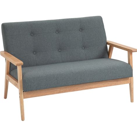 Sofá compacto de 2 plazas en lino y madera de caucho gris oscuro 115x66,5x73 cm (1/5)