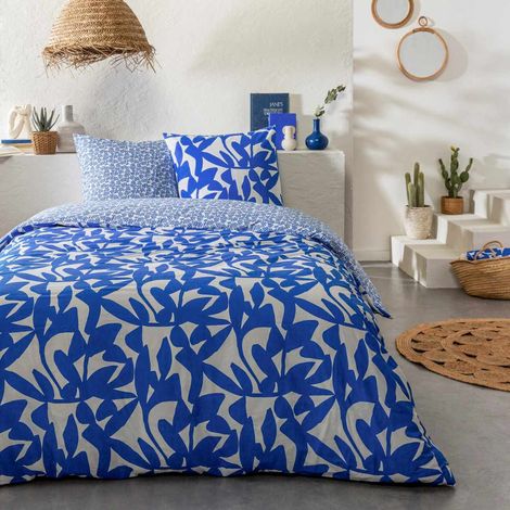 Parure de lit 2 personnes en coton 57 fils imprimé bleu 260x240cm (1/5)