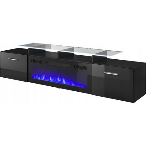 Bb-Loisir – Meuble TV noir brillant 190x49x37cm – Cheminée électrique LED avec fonction chauffage 16-28°C – Design moderne avec 2 portes et étagère (1/4)