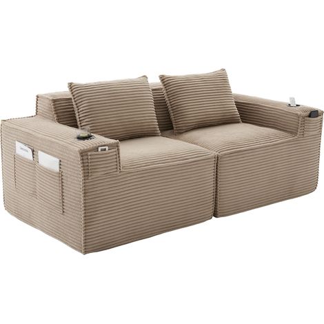 Modulares 2-Sitzer-Sofa aus Cord mit Becherhaltern und Seitentaschen, Khaki (1/5)