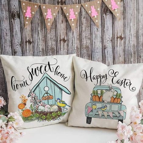 Lot de 2 housses de coussin 45x45 cm motif lapin et camion de Pâques - Coussins décoratifs style ferme - Joyeuses Pâques (1/5)