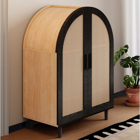 Zapatero de 3 baldas, puertas de ratán y estructura negro/madera 70 x 100 x 40 cm HAVRYA (1/5)