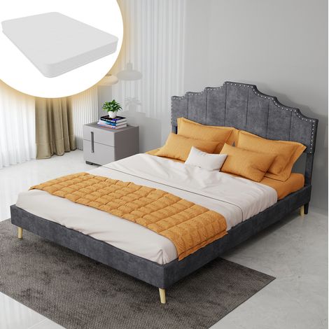 Cama 140 x 200 cm gris con cabecero geométrico, estructura de láminas, sin pistón de gas OKMYHOME (1/5)