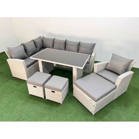 Fimous 10 Seater Wicker Rattan Corner Sofa Sets Outdoor Garden Furniture Sets with Rectangular Dining Table Lounge Sofa 3 Footstools Armchair Light Grey (1/5)