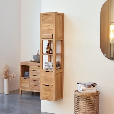 Solid Teak Bathroom Storage Column Cupboard Rack 2 Drawers 1 Cupboard 150cm (1/5)