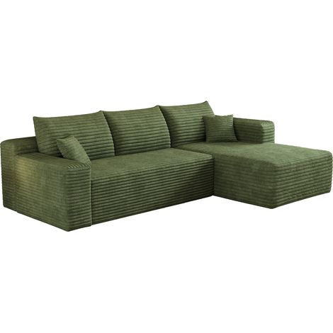 Canapé d’angle 241 cm canapé en L modulable effet nuage sans montage assise profonde méridienne réversible velours côtelé vert (1/5)