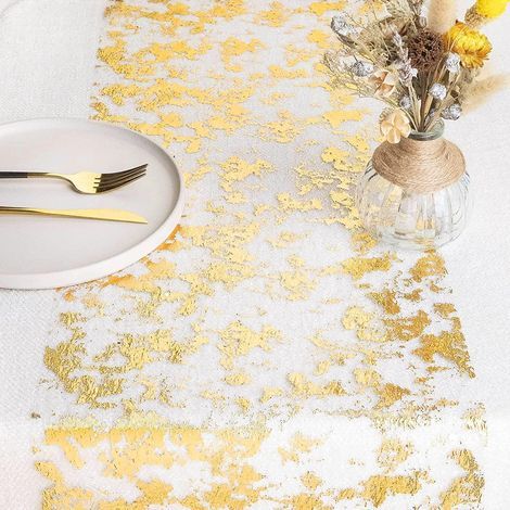 Camino de mesa con detalles dorados, 28 cm x 15 m, cinta metálica para mesa, decoración para fiestas, cumpleaños, bodas, Navidad, manualidades y embalaje (dorado, 15 m). (1/5)
