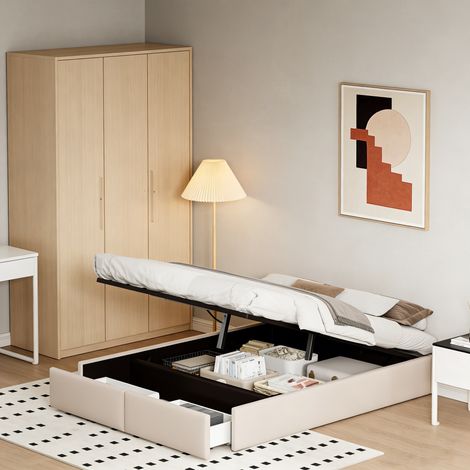 Lit 140x200 cm avec Rangements, sans Tête de lit, 2 Tiroirs + Coffre Hydraulique, Cadre de lit en Métal, Gain de Place, Lin Beige (1/5)