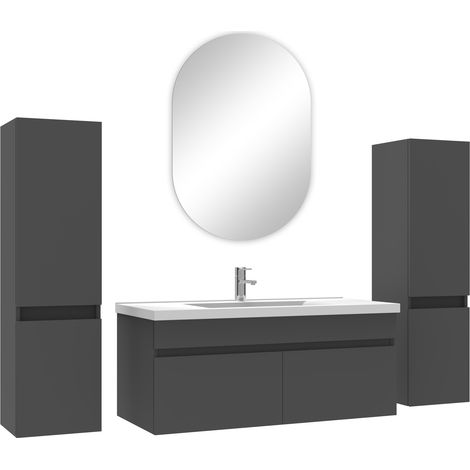 Ocean ensemble meubles Salle de Bain simple vasque 100cm, colonnex2 + miroir ovale Anthracite