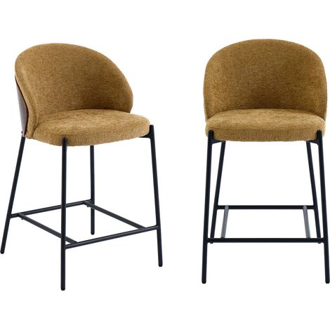 sweeek - 2er-Set Barhocker aus Pappelholz nussbaumfarben, und Stahl mit strukturiertem Stoffbezug (1/5)