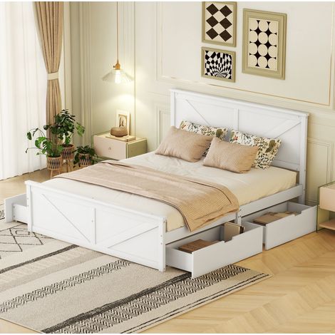Letto semplice 160x200 cm in legno di pino bianco con testiera, rete a doghe e 4 cassetti contenitore (1/5)