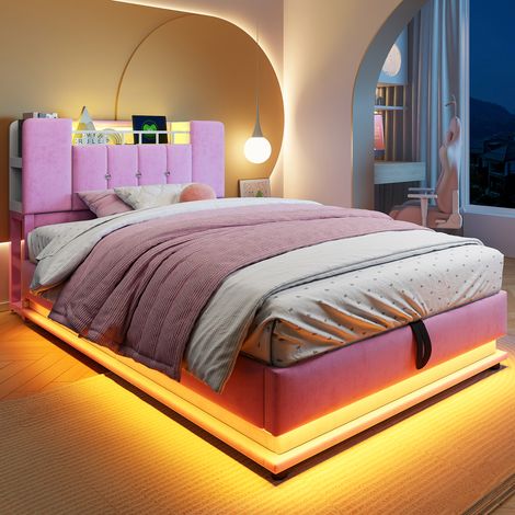 Bett Kinder Polsterbett 90x200 cm, rosa Samt, mit Kopfteil-Stauraum, LED, USB und hydraulischem Bettkasten (1/5)