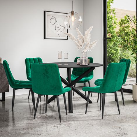 Malvern Round Dining Table And Chairs - Black Table Top w Solid Black Oak Legs + Nova Velvet Dining Chair Set Of 6 (Green)
