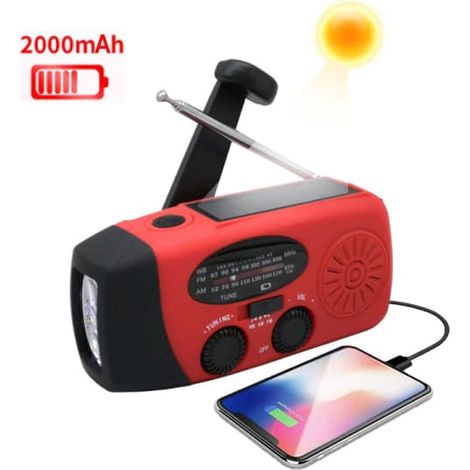 Filiyano – lampe torche rouge – Radio à manivelle, batterie externe 2000 MAH, cellules solaires, lampe torche rouge (1/5)