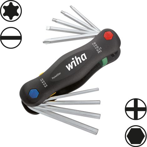 Wiha Multitool PocketStar® internal hexagon, slotted Phillips, TORX 9 pcs., quick access at the push of a button, can be used as long handle and T-handle, all-in-one tool (25293)
