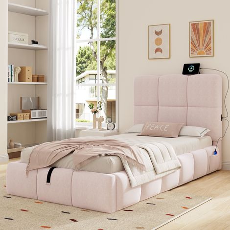 Lit Coffre hydraulique 90 x 200 cm avec espace de rangement et port USB-C  Lit enfant rembourré avec tête de lit Velours  Rose (1/4)