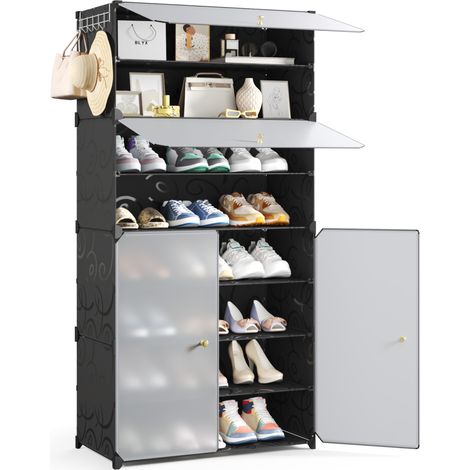 Meuble à Chaussures 8 Niveaux pour 24 Paires de Chaussures, Étagère à Chaussures en polypropylène (PP) avec Portes et Rangement Amovible pour Entrée/Salon, 60L x 30P x 123H cm, Noir, Mondeer