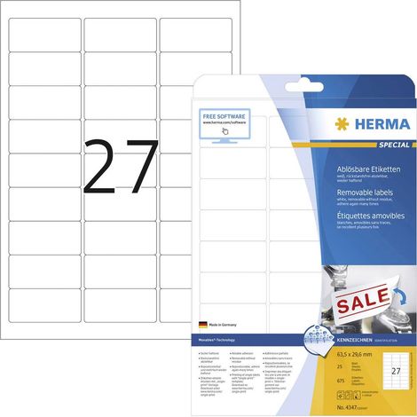 Herma 4347 Etichetta universale 63.5 x 29.6 mm Carta Bianco 675 pz. Staccabile Stampante a getto d'inchiostro, Stampant (1/4)
